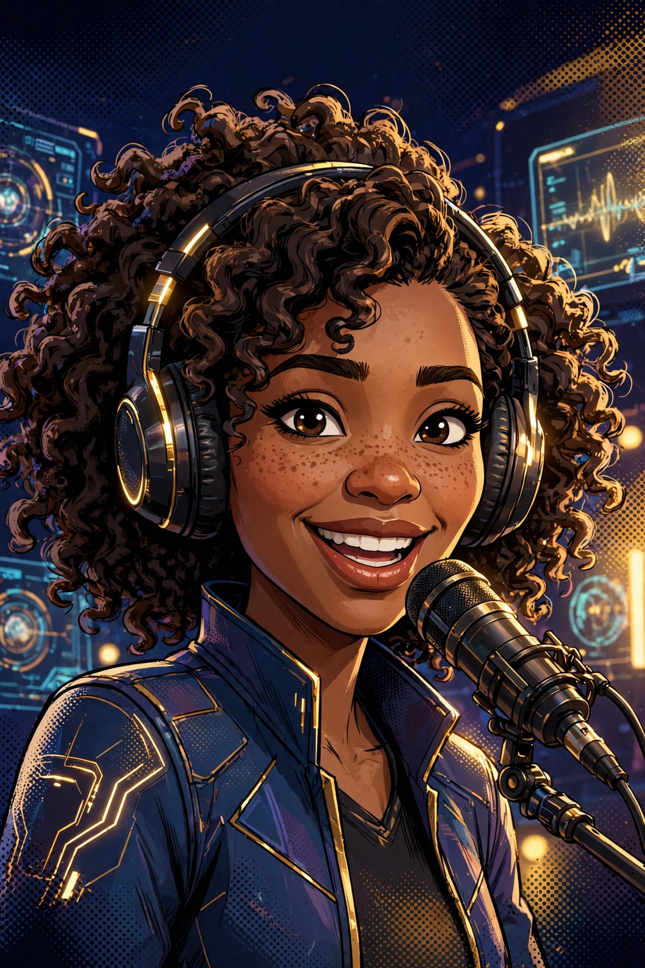iiBiD, the animated host of the iiBiD podcast — a smiling woman with freckles and curly hair wearing headphones in a futuristic studio